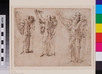 Trois études de saint Jérôme et saint François en conversation, recto v. 1534 - 1539 (plume et encre brune avec lavis gris sur papier vergé)