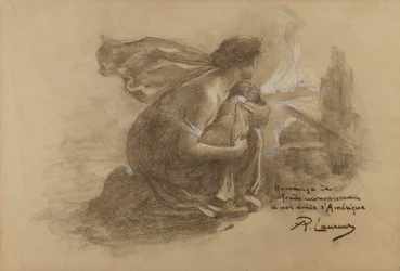 Mère et enfant et village en flammes