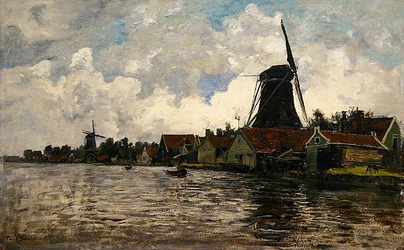 Paysage fluvial avec deux moulins à vent, Hollande