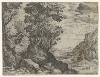 Paysage montagneux avec ermite priant