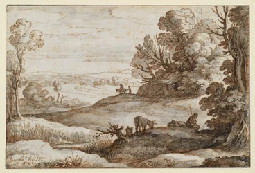 Paysage vallonné avec arbres et vue, au premier plan deux hommes et un âne