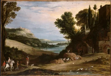 P.Bril, Paysage italianisant avec chasse au faucon