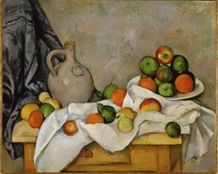 Rideau, cruche et coupe de fruits (huile sur toile)