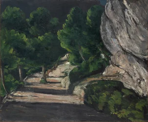 Paysage, route avec des arbres dans les montagnes Rocheuses, vers 1870-71