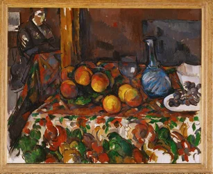 Nature morte aux pêches, carafe et personnage (huile sur toile)