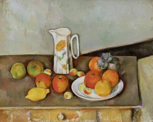Nature morte : pot à lait et fruits sur une table