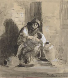 Femme juive assise de Gaza, avec son enfant et deux grandes cruches