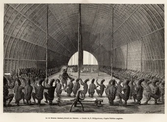 Mounza, roi des Mombouttous (Zaïre), dansant devant son sérail, composé de 80 femmes, gravure d