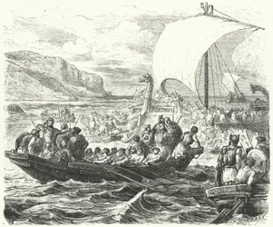 Navires phéniciens débarquant sur une côte