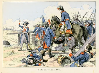 Hoche au pont de la Dyle : En mars 1793, couvrant la retraite au passage de la Dyle devant Louvain (Belgique), Lazare Hoche combat les Autrichiens - illustration par Emile Boutigny (Hoche-Marceau-Desaix)