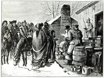 Indiens de la réserve recevant des rations des agents du gouvernement (gravure)