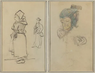 Une femme bretonne et un homme debout ; Tête et main d