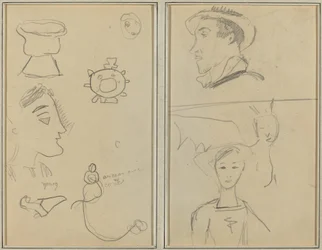 Une caricature et cinq formes ; Un homme de profil, une créature ailée et un garçon [verso]