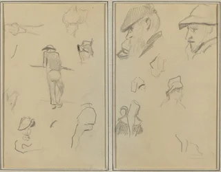 Un homme appuyé contre un mur avec cinq autres études; Deux hommes barbus portant des chapeaux, et cinq autres études [recto]