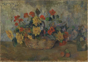 French: Capucines et dahlias dans une corbeille, ou Corbeille de fleurs Nasturtiums and Dahlias in a Basket