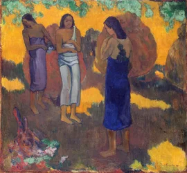 Français :  Trois Tahitiennes sur fond jaune Three Tahitian Women Against a Yellow Background (Trois femmes tahitiennes sur fond jaune)
