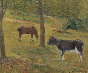 French: Vache et cheval dans un pré Cow and horse in a meadow