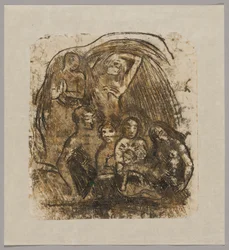 Nativité (mère et enfant entourés de cinq personnages)
