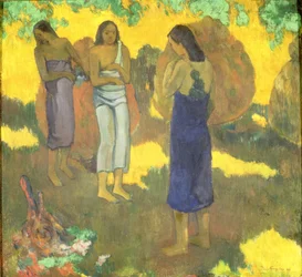 Trois femmes tahitiennes sur un fond jaune