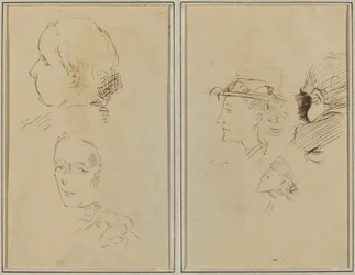 Deux études de têtes et une femme nue accroupie ; deux têtes de femmes et une tête d