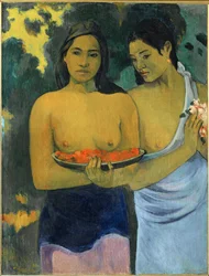Deux femmes tahitiennes offrant des fruits rouges et des fleurs roses (huile sur toile)