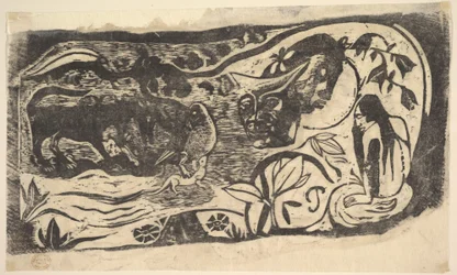 Gravure sur bois avec une tête cornue, 1898-99