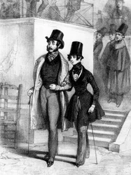 George Sand (à droite) habillée en étudiant, et son amant Jules Sandeau à Paris, vers 1831, gravure par Paul Gavarni