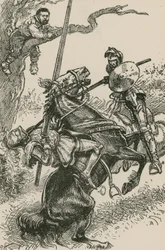 Le Chevalier des Miroirs fut précipité, malgré lui, par-dessus la croupe de son cheval