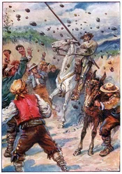 Ils ont bombardé Don Quichotte avec une pluie de pierres, illustration de 