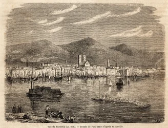 Vue de Montréal, dessin de Paul Huet (1803-1869), pour illustrer les voyages en Amérique du Nord en 1854-1855, par L. Deville. Gravure dans "Le tour du monde" 1861. Collection Selva