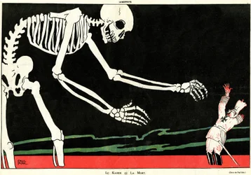 Le Kaiser et la mort. Première Guerre mondiale 1914-1918 : Guillaume II (1859-1941) dans une mer de sang menacé par un squelette. Caricature soulignant la stupidité mécanique et moqueuse allemande, soutenant ainsi le moral des Français pendant la guerre.