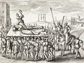 Propagande du 16e siècle illustrant les châtiments décrétés par le roi Henri Viii contre les catholiques anglais.
