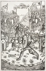Le roi Artus, ou Arthur, protégé par la Vierge, combattant un géant. D