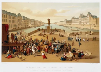 Le Pont Neuf vers le milieu du XVIIe siècle, « XVIIe siècle - Institutions : usages et costumes, France 1590-1700 » par Paul Lacroix