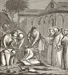 Saint Benoît et le diable. Lorsque Benoît construisait une chapelle, le diable était assis sur une pierre et personne ne pouvait le déplacer jusqu