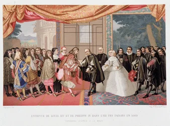 Guerre de Trente Ans : "Entrevue du roi de France Louis XIV (1638-1715) et de Philippe IV d