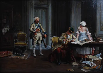Le Billet de Logement. Huile sur panneau, signée et datée P Jazet 1879