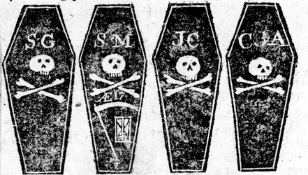 Dessin des quatre cercueils du massacre de Boston, imprimé dans la Boston Gazette, 12 mars 1770