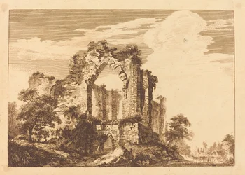 Ruines avec un Homme Assis et une Charette Couverte au Loin
