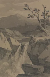 Cascade et montagnes lointaines