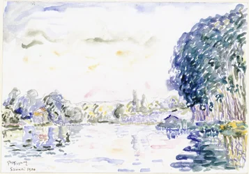 Paysage fluvial avec maisonnette et arbres