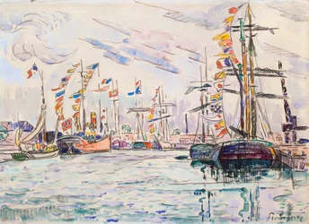 Voiliers avec drapeaux de fête à un quai à Saint-Malo, années 1920