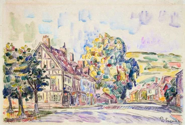 Rue avec une maison à colombages en Normandie, vers 1925