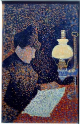 Femme sous la lampe. Pointillisme.