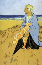 Femme bretonne assise au bord de la mer