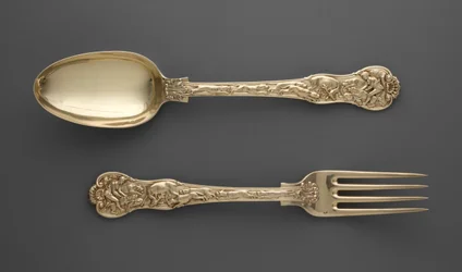 Fourchette à dessert avec scènes de chasse et cuillère à dessert avec scènes de chasse, c.1822