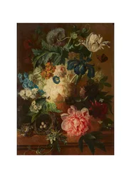 Nature morte de fleurs de printemps dans une urne à pied