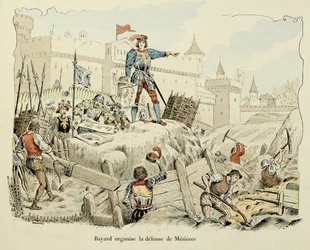 Illustration tirée du livre "Histoire du chevalier Bayard" de Théodore Cahu, illustrée par Paul De Sémant (1855-1915) : Bayard organise la défense de Mézières 1521