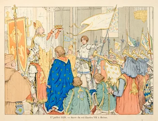 Illustration tirée du livre « Jeanne d’Arc » de Théodore Cahu, illustré par Paul de Semant (1855-1915) : sacre du roi Charles VII à Reims le 17 juillet