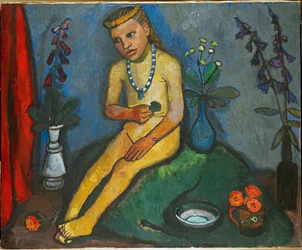 Nu de jeune fille assise avec des fleurs (oil on canvas)